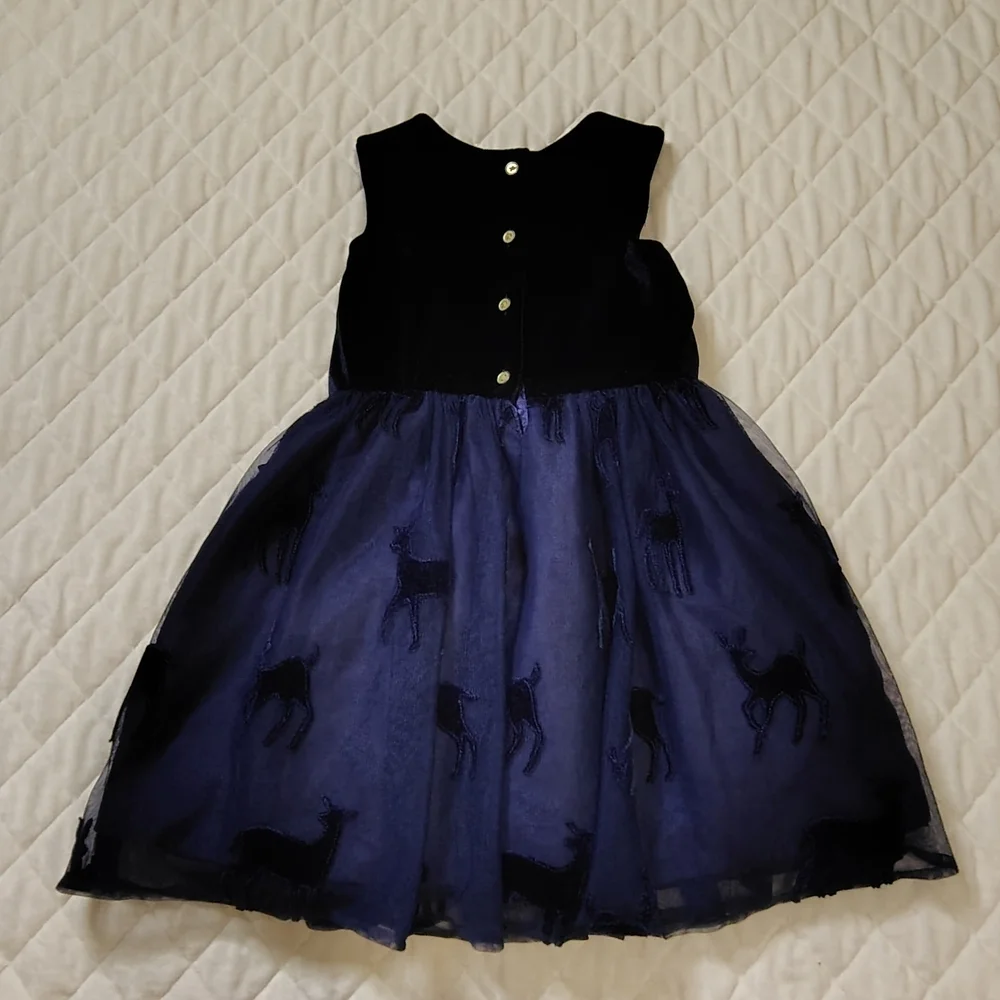 Cat & Jack navy blue velvet and tulle dress with a deer pattern